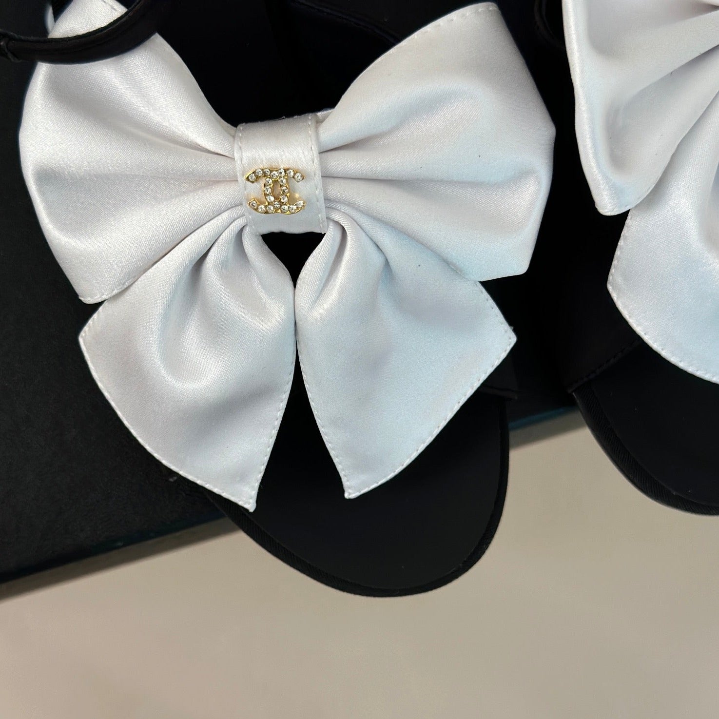 CHANEL Double  Big Bow High Sandal Sheepskin Black White