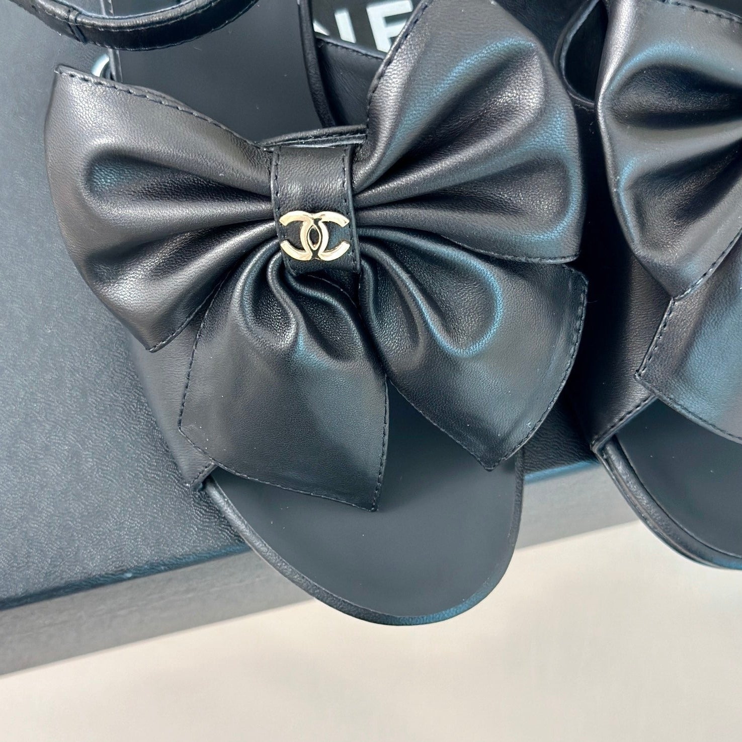 CHANEL Double  Big Bow High Sandal Sheepskin Black