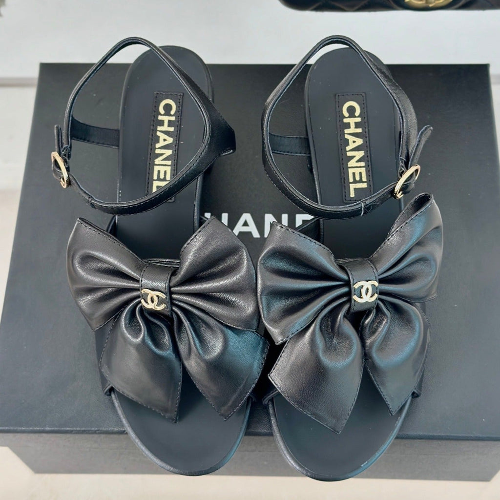CHANEL Double  Big Bow High Sandal Sheepskin Black
