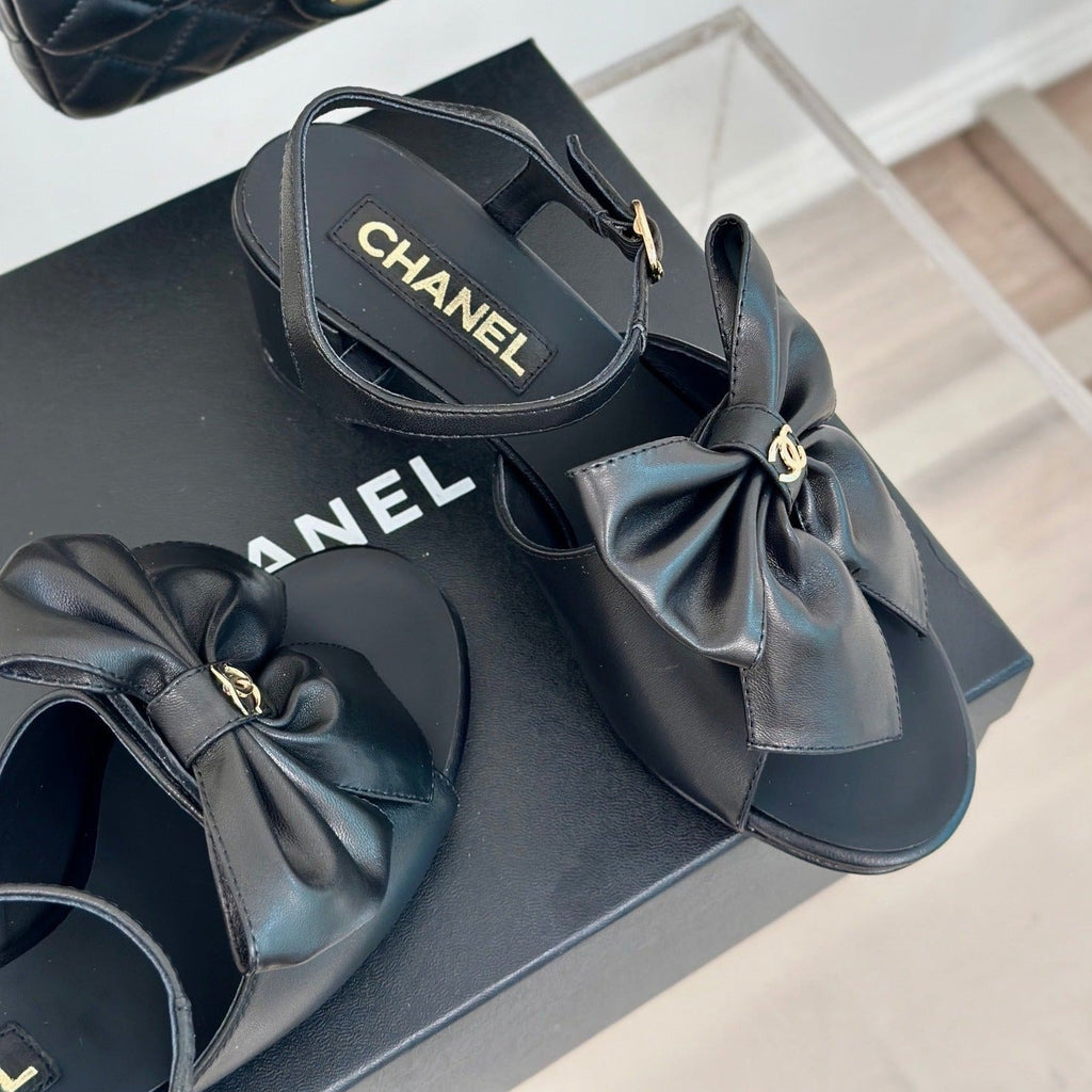 CHANEL Double  Big Bow High Sandal Sheepskin Black