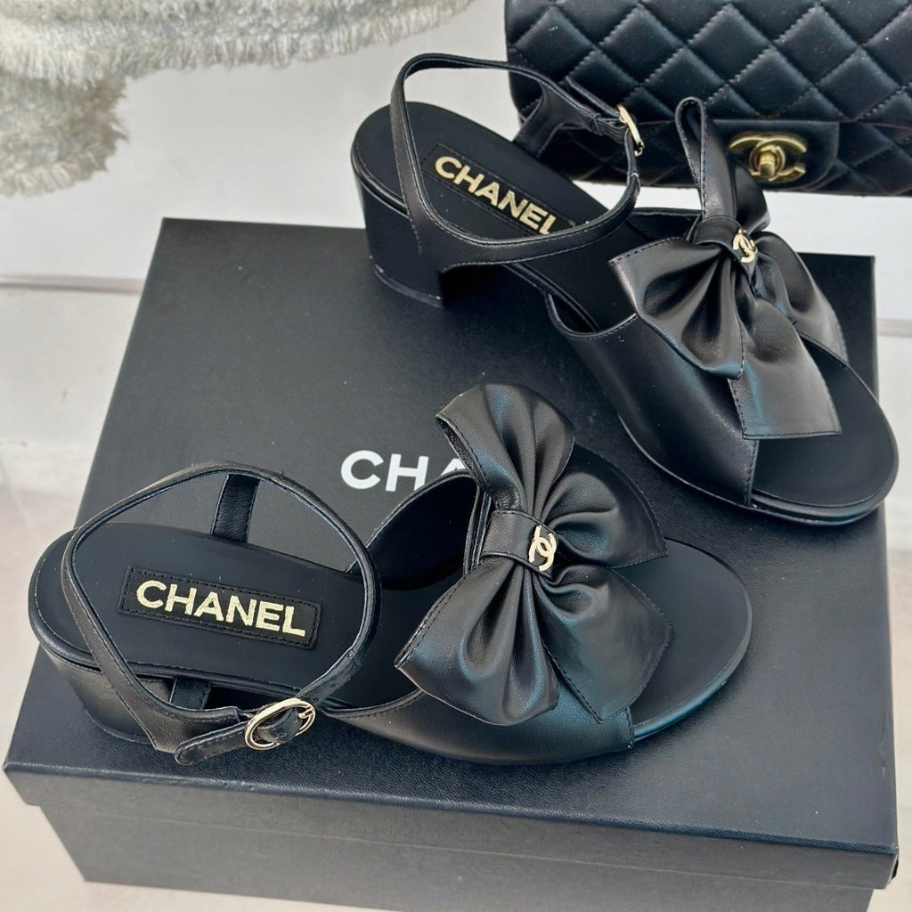 CHANEL Double  Big Bow High Sandal Sheepskin Black