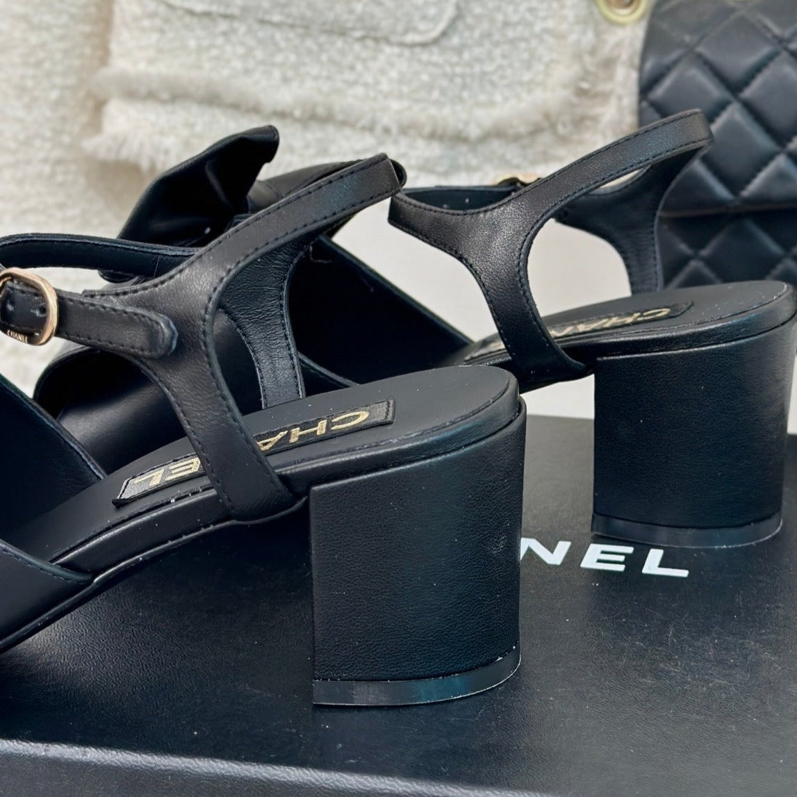 CHANEL Double  Big Bow High Sandal Sheepskin Black