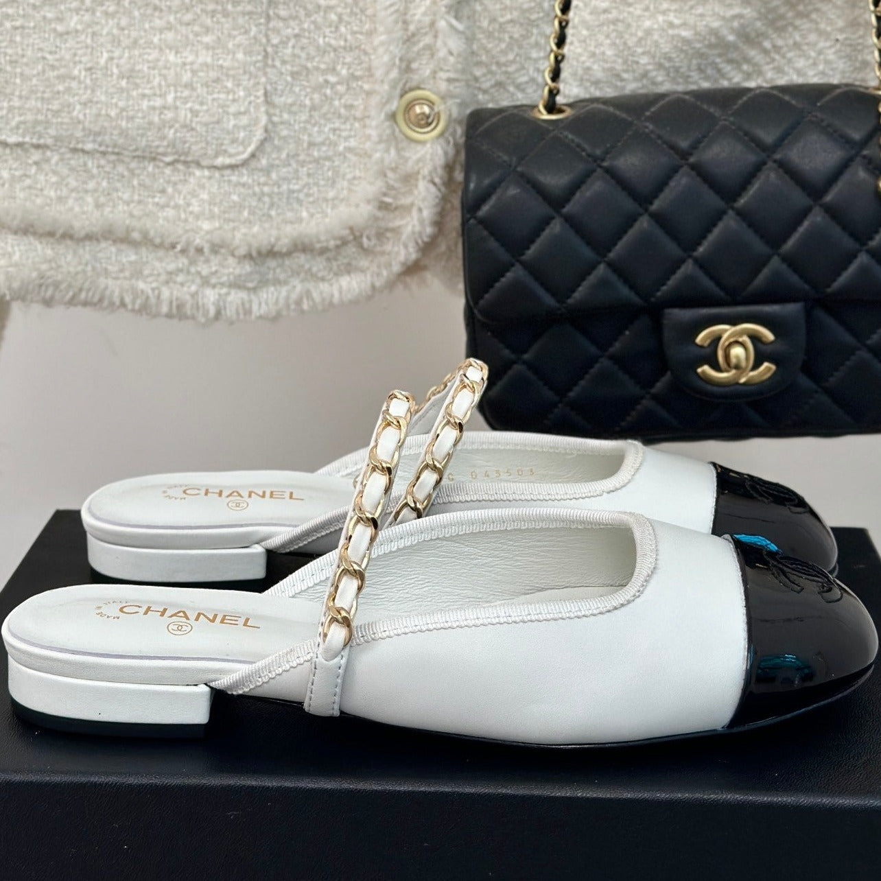 CHANEL Double C Two-Tone Chain Mules White Lambskin