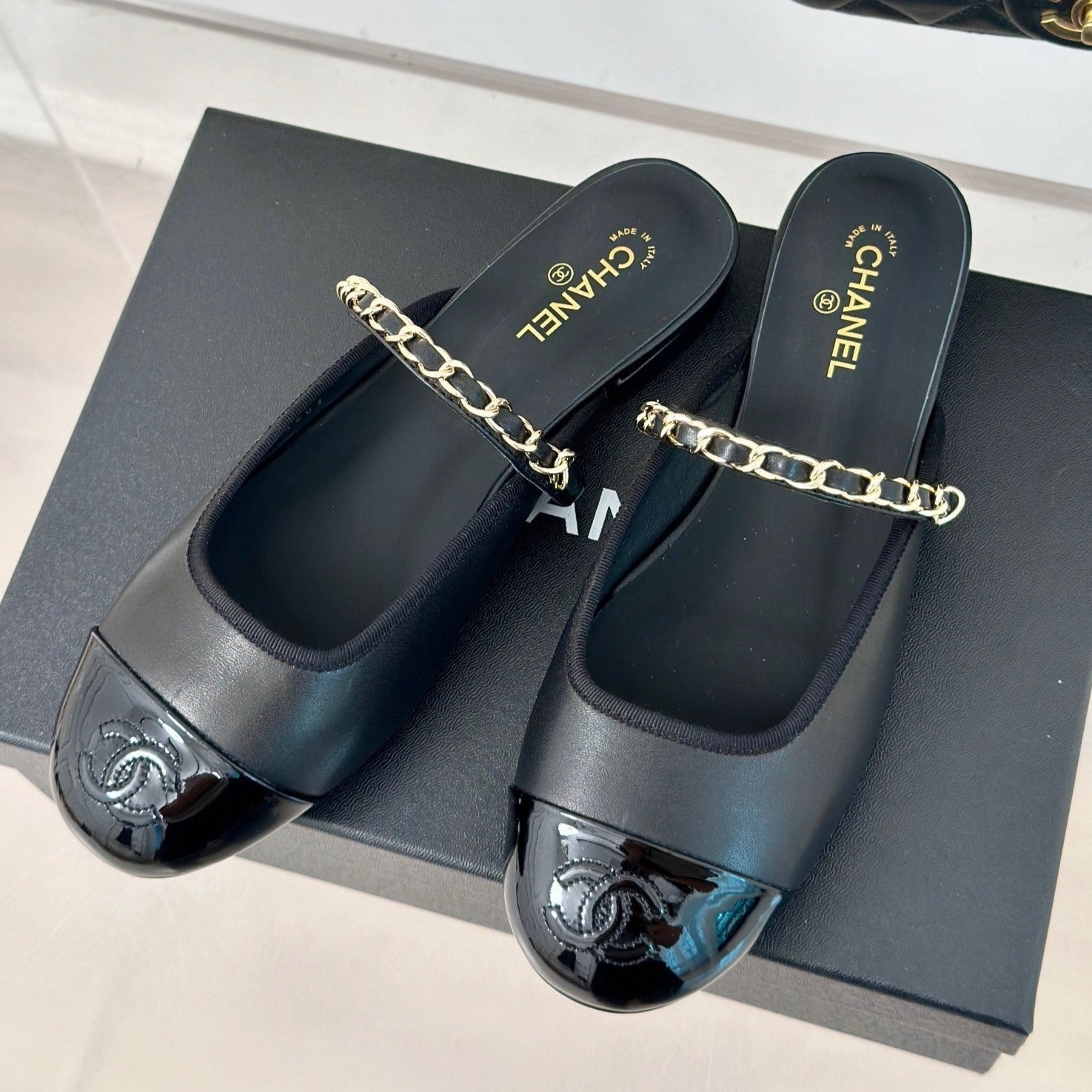 CHANEL Double C Two-Tone Chain Mules Black Lambskin