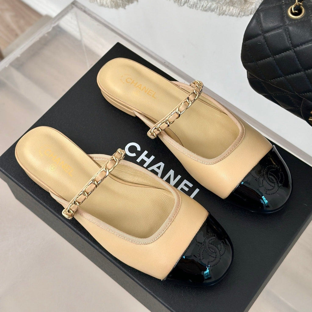 CHANEL Double C Two-Tone Chain Mules Dark Cream Lambskin