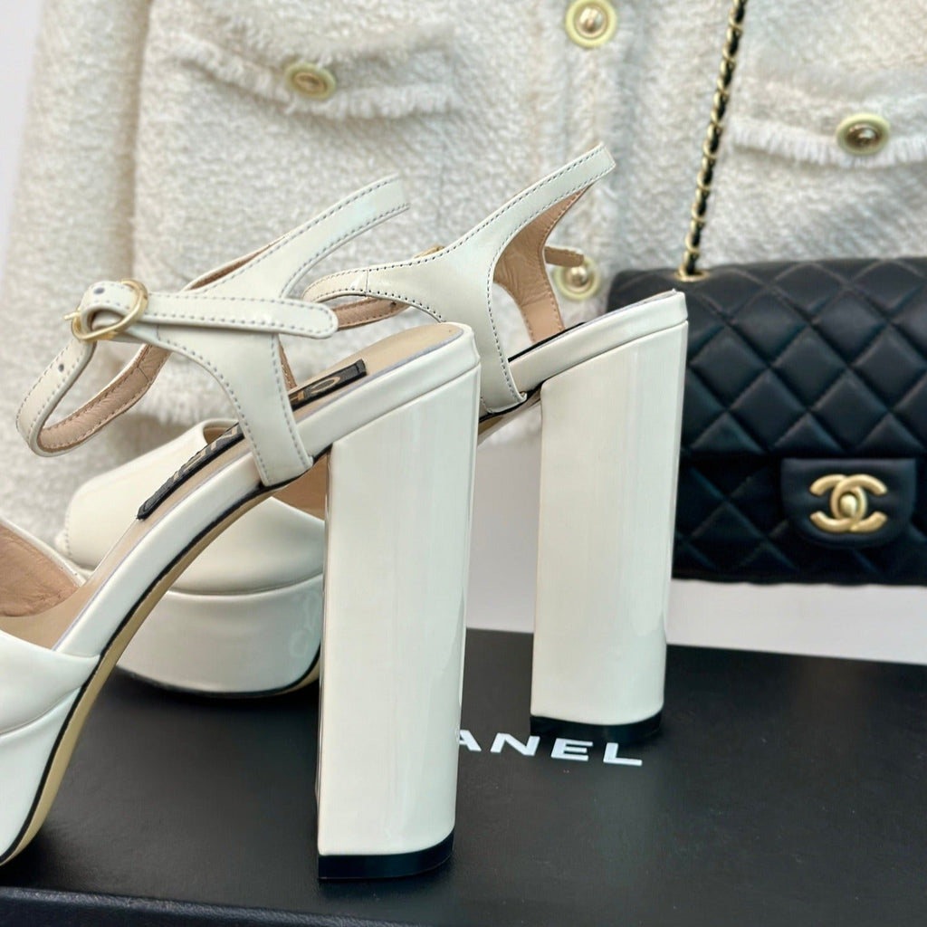 CHANEL Double C High Heel Sandals Beige Cream Leather
