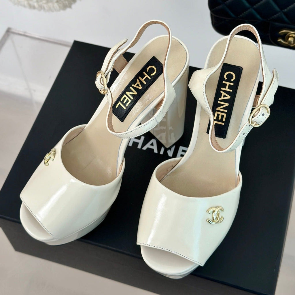 CHANEL Double C High Heel Sandals Beige Cream Leather
