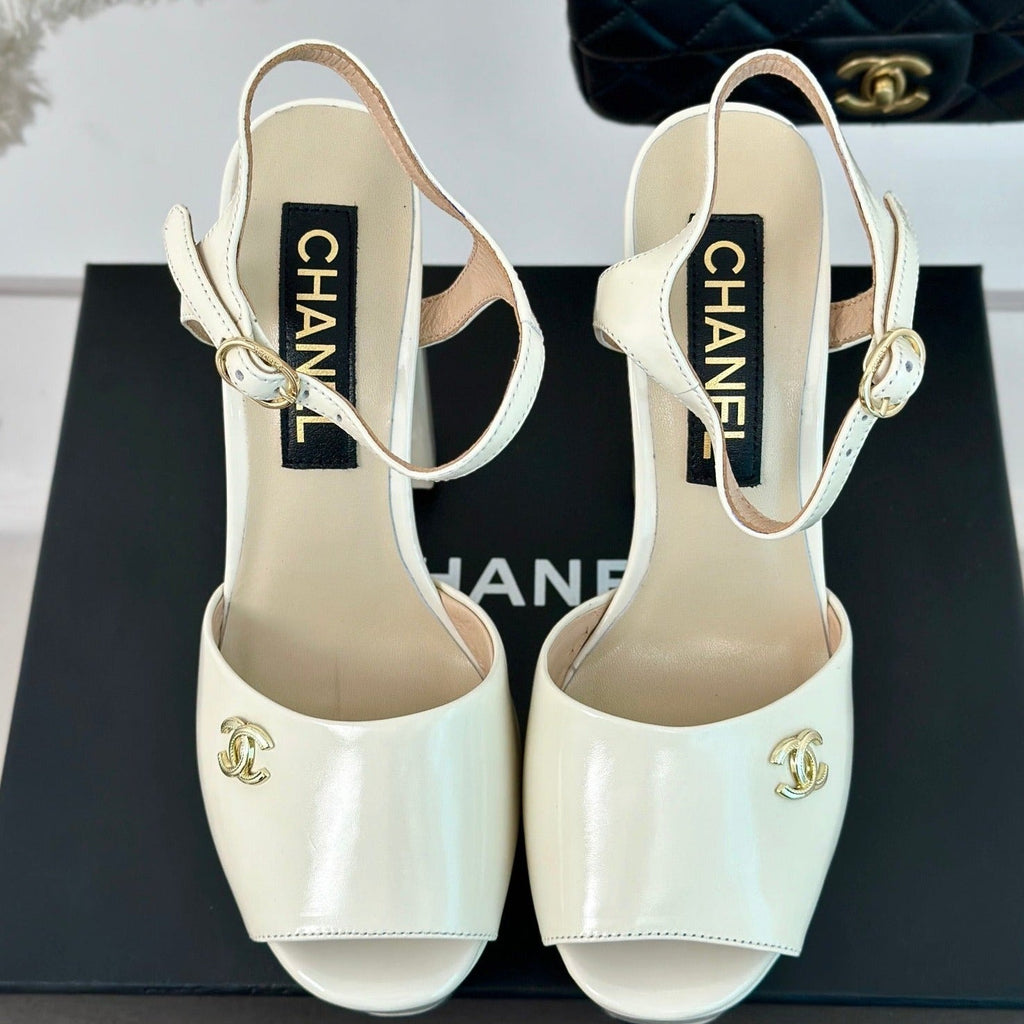 CHANEL Double C High Heel Sandals Beige Cream Leather