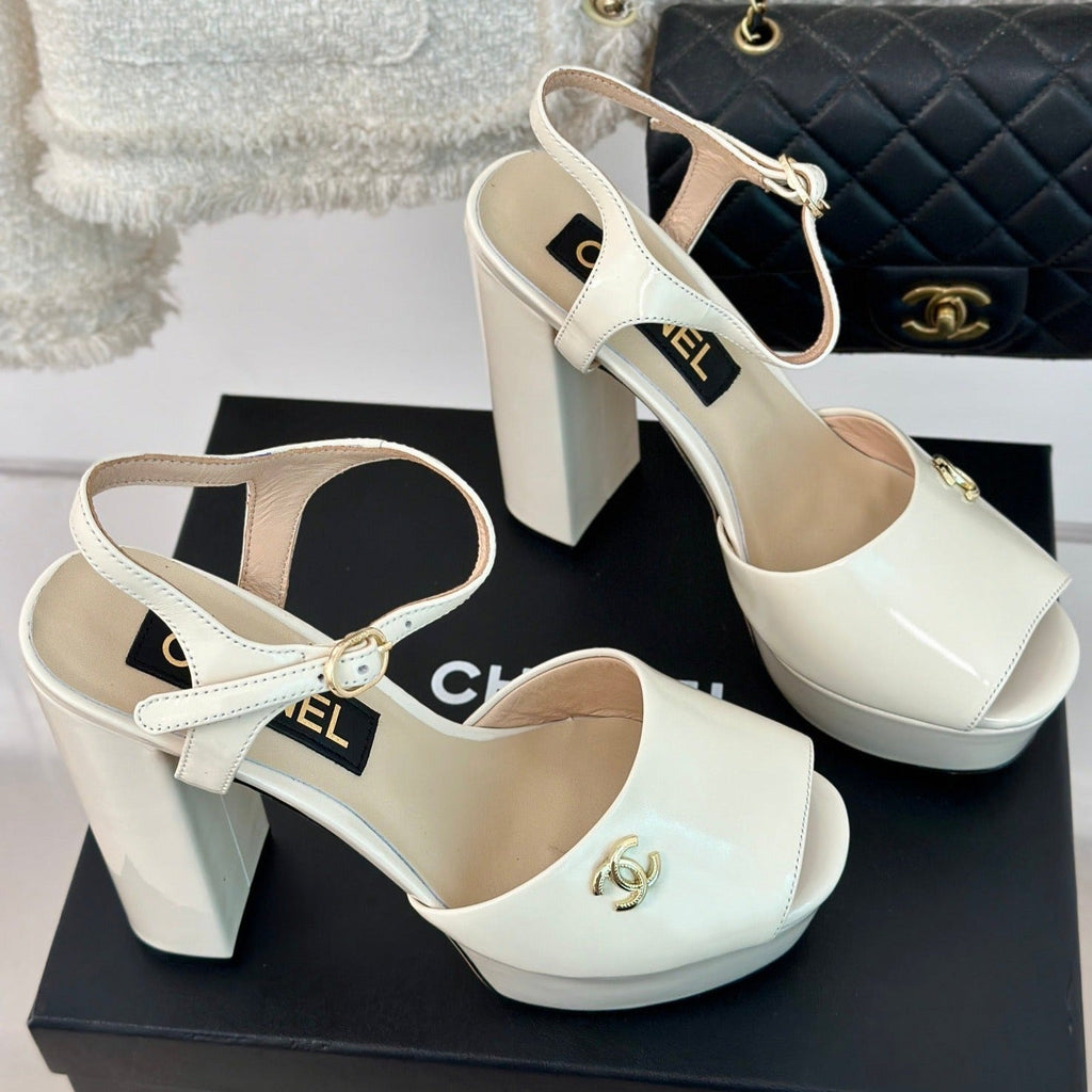 CHANEL Double C High Heel Sandals Beige Cream Leather