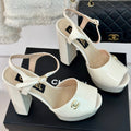CHANEL Double C High Heel Sandals Beige Cream Leather