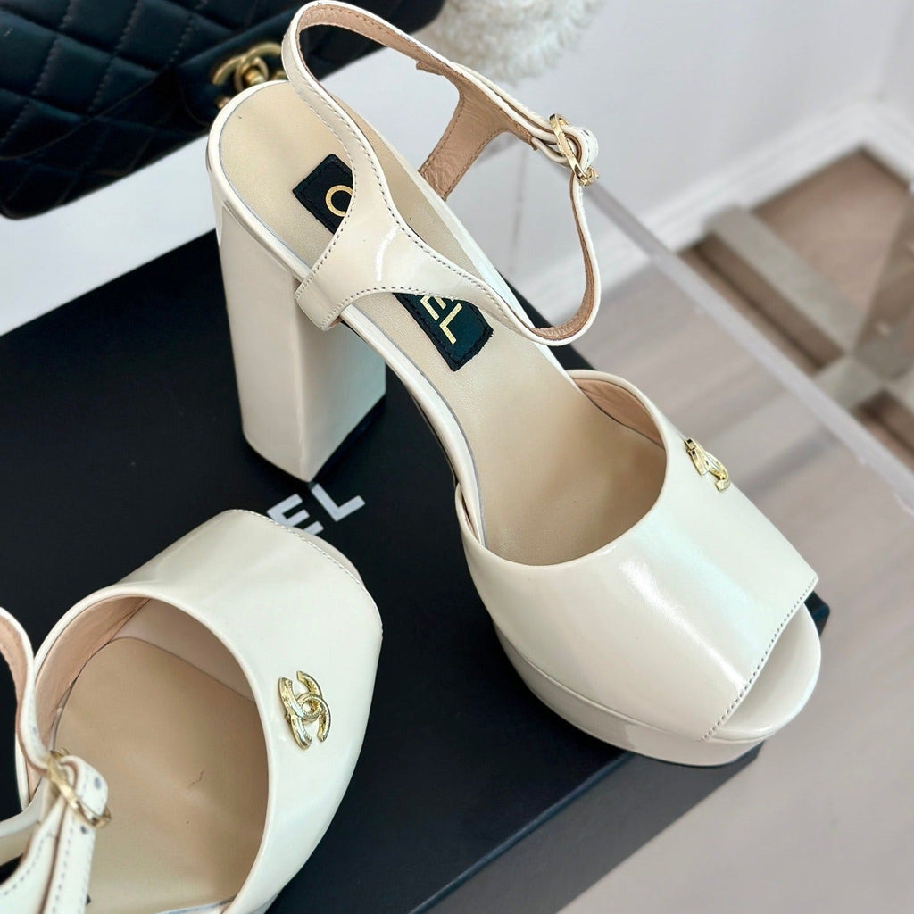 CHANEL Double C High Heel Sandals Beige Cream Leather