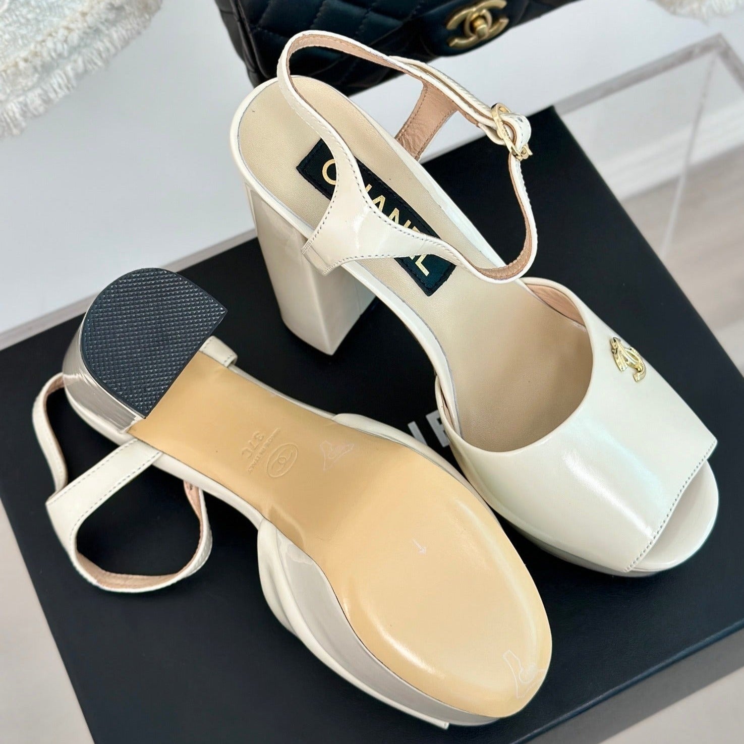 CHANEL Double C High Heel Sandals Beige Cream Leather