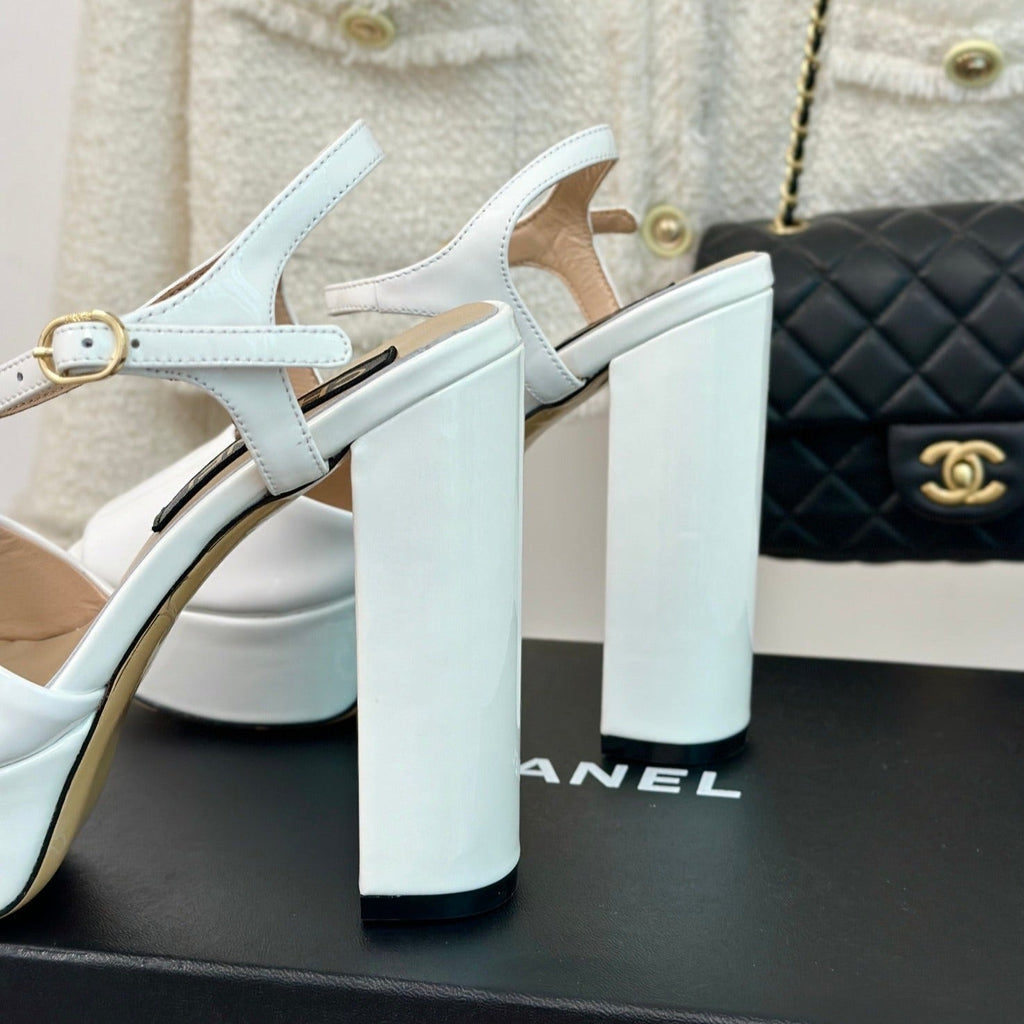 CHANEL Double C High Heel Sandals White Leather