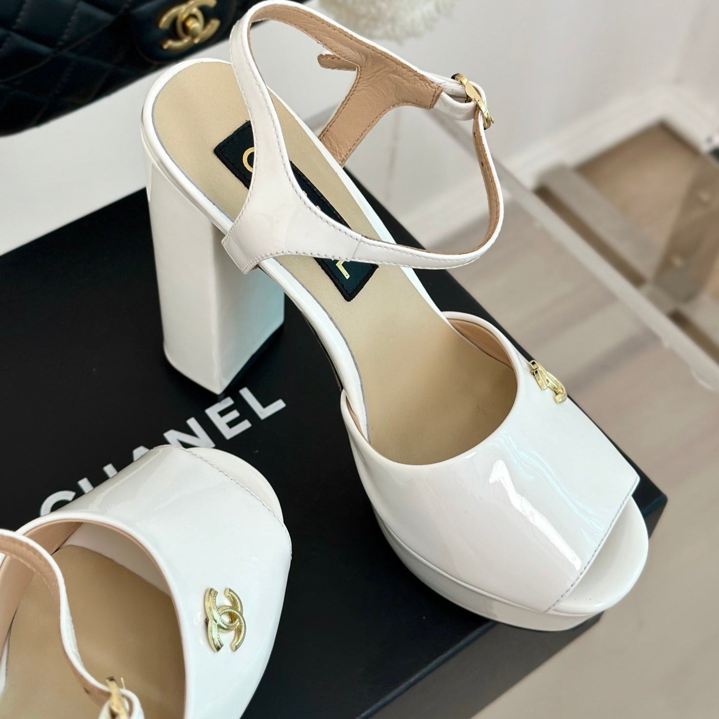 CHANEL Double C High Heel Sandals White Leather