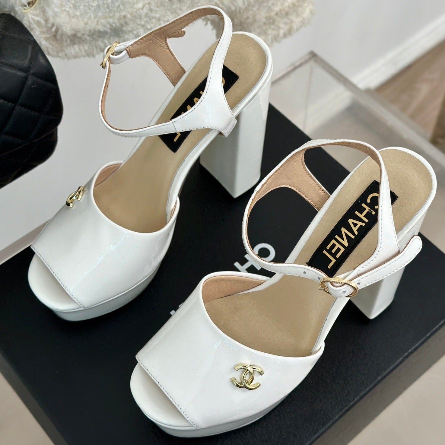 CHANEL Double C High Heel Sandals White Leather