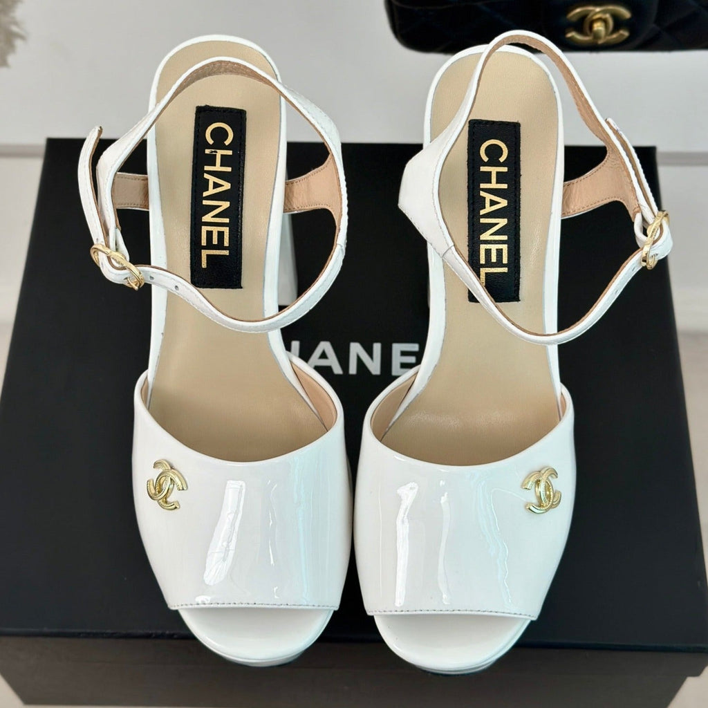 CHANEL Double C High Heel Sandals White Leather
