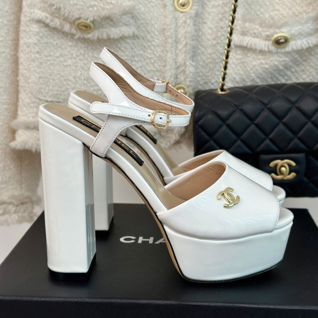 CHANEL Double C High Heel Sandals White Leather
