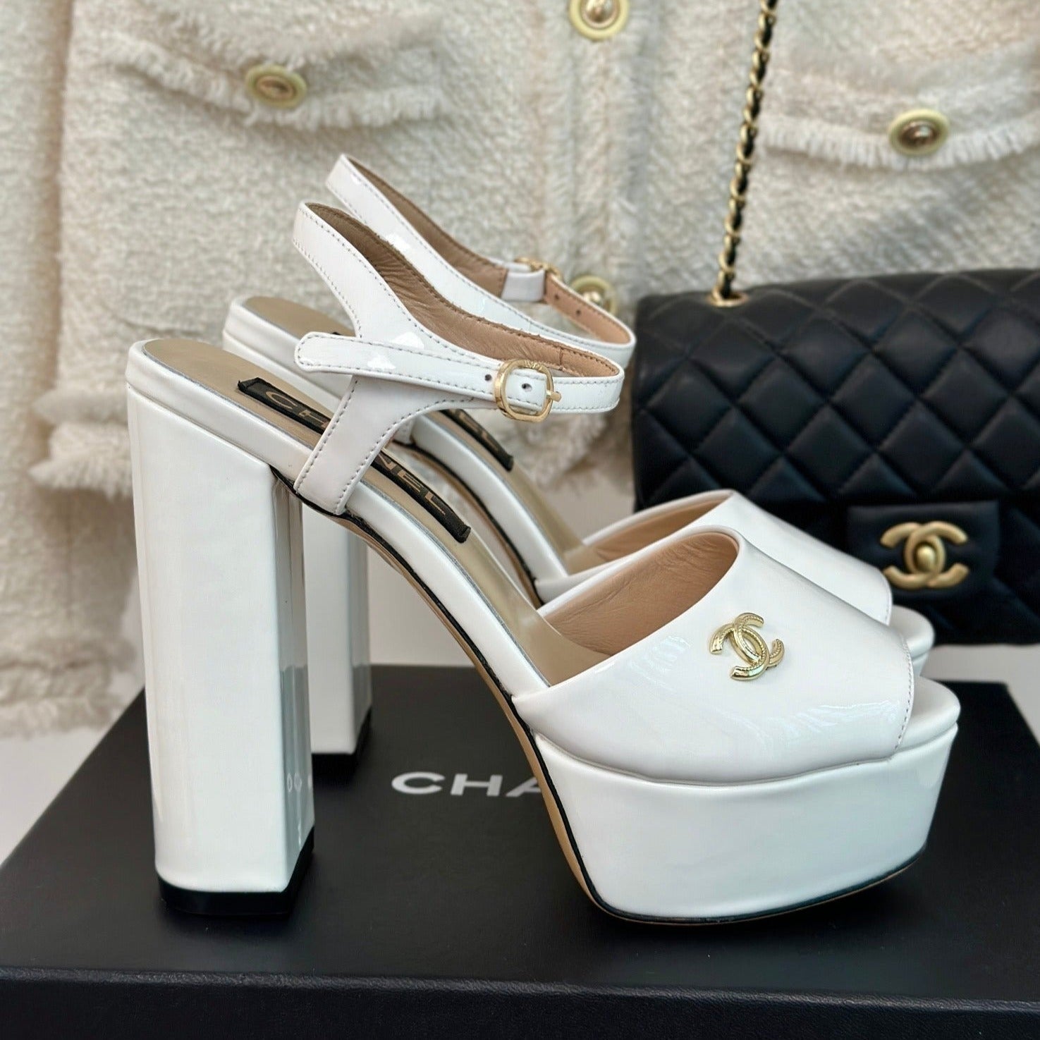 CHANEL Double C High Heel Sandals White Leather
