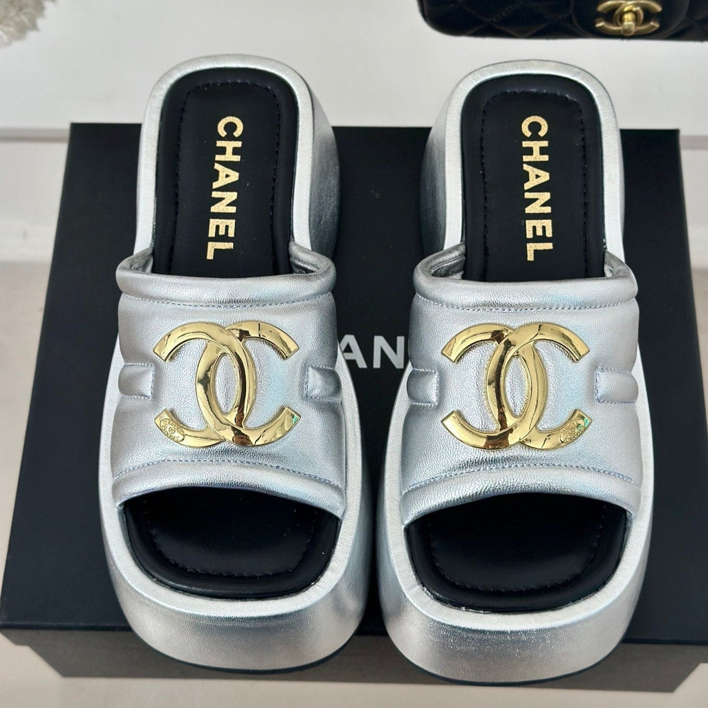 CHANEL Large Double C Platform Slippers Silver