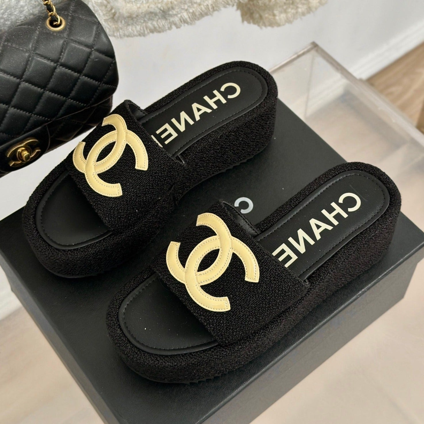 CHANEL CLASSIC SLIPPERS THICK SOLE IN BLACK TWEED