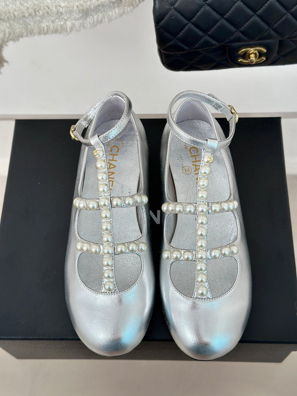 CHANEL MARY JANES SHOES SILVER GOATSKIN WITH FAUX PEARL