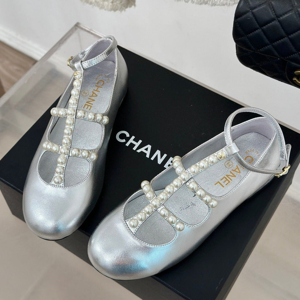 CHANEL MARY JANES SHOES SILVER GOATSKIN WITH FAUX PEARL