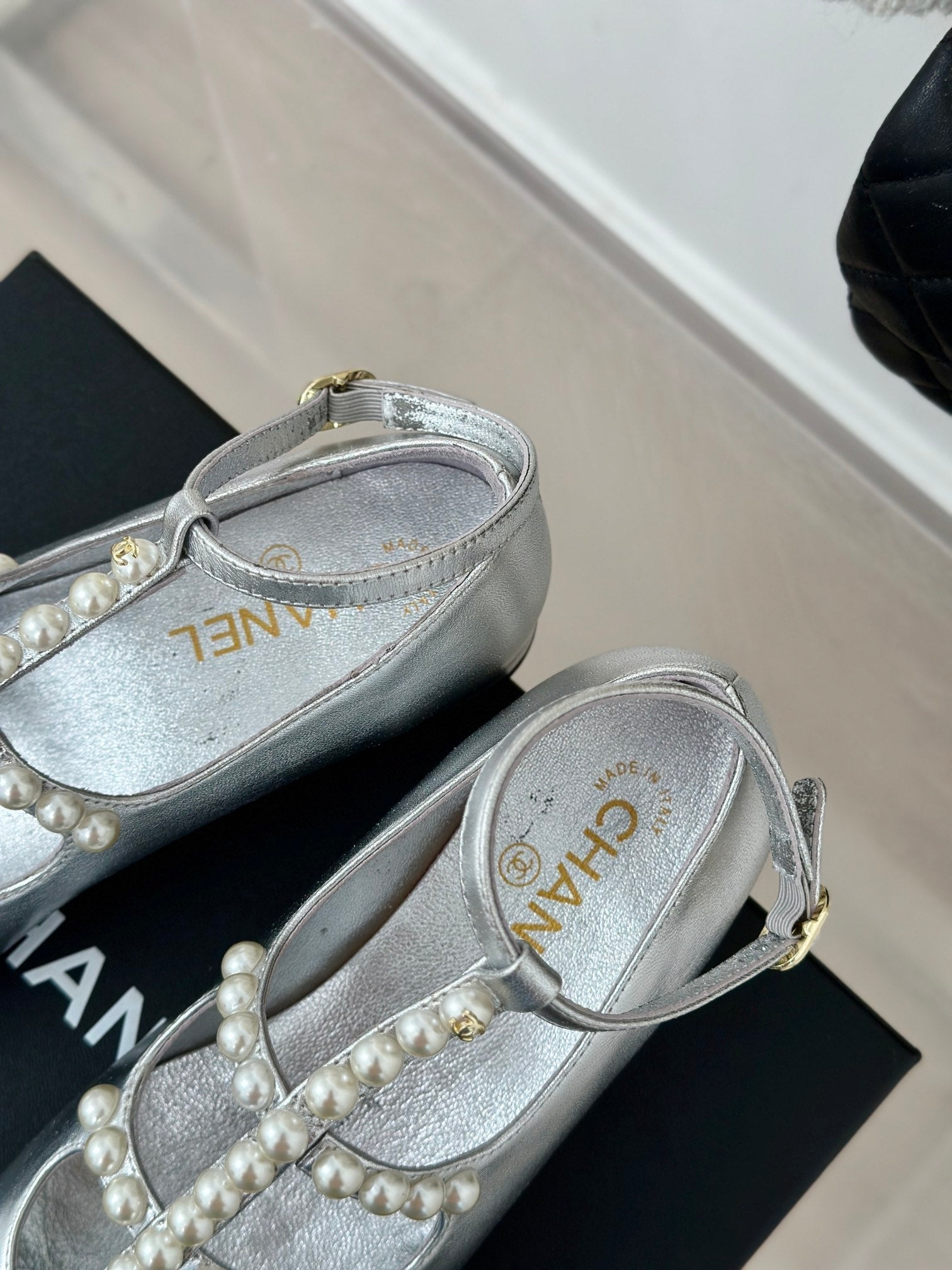 CHANEL MARY JANES SHOES SILVER GOATSKIN WITH FAUX PEARL
