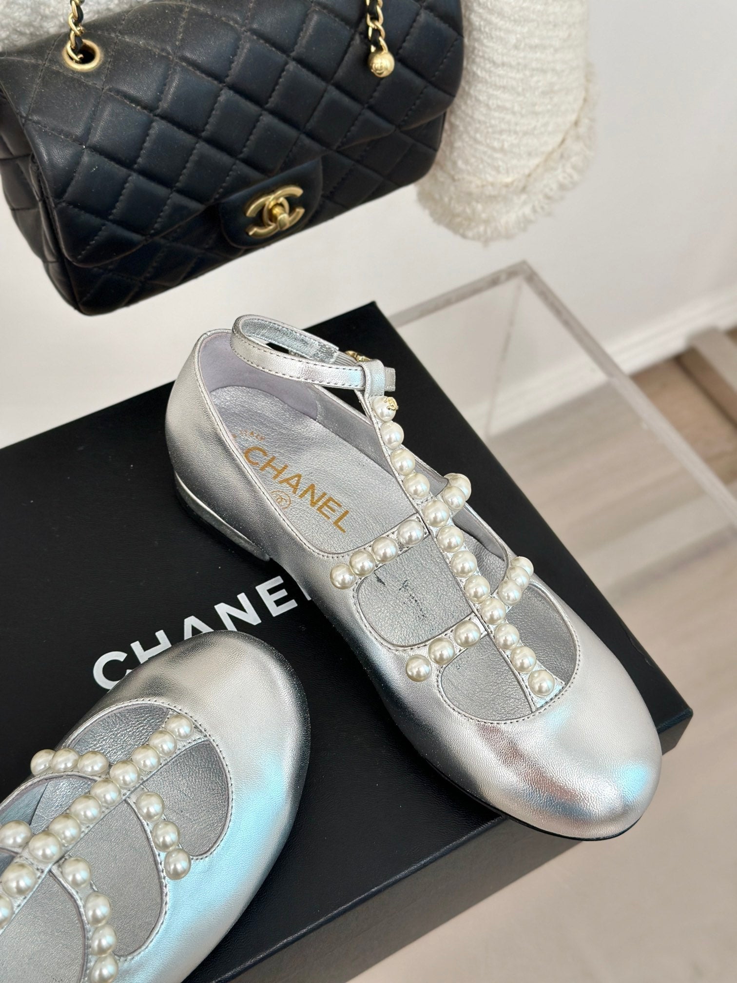 CHANEL MARY JANES SHOES SILVER GOATSKIN WITH FAUX PEARL