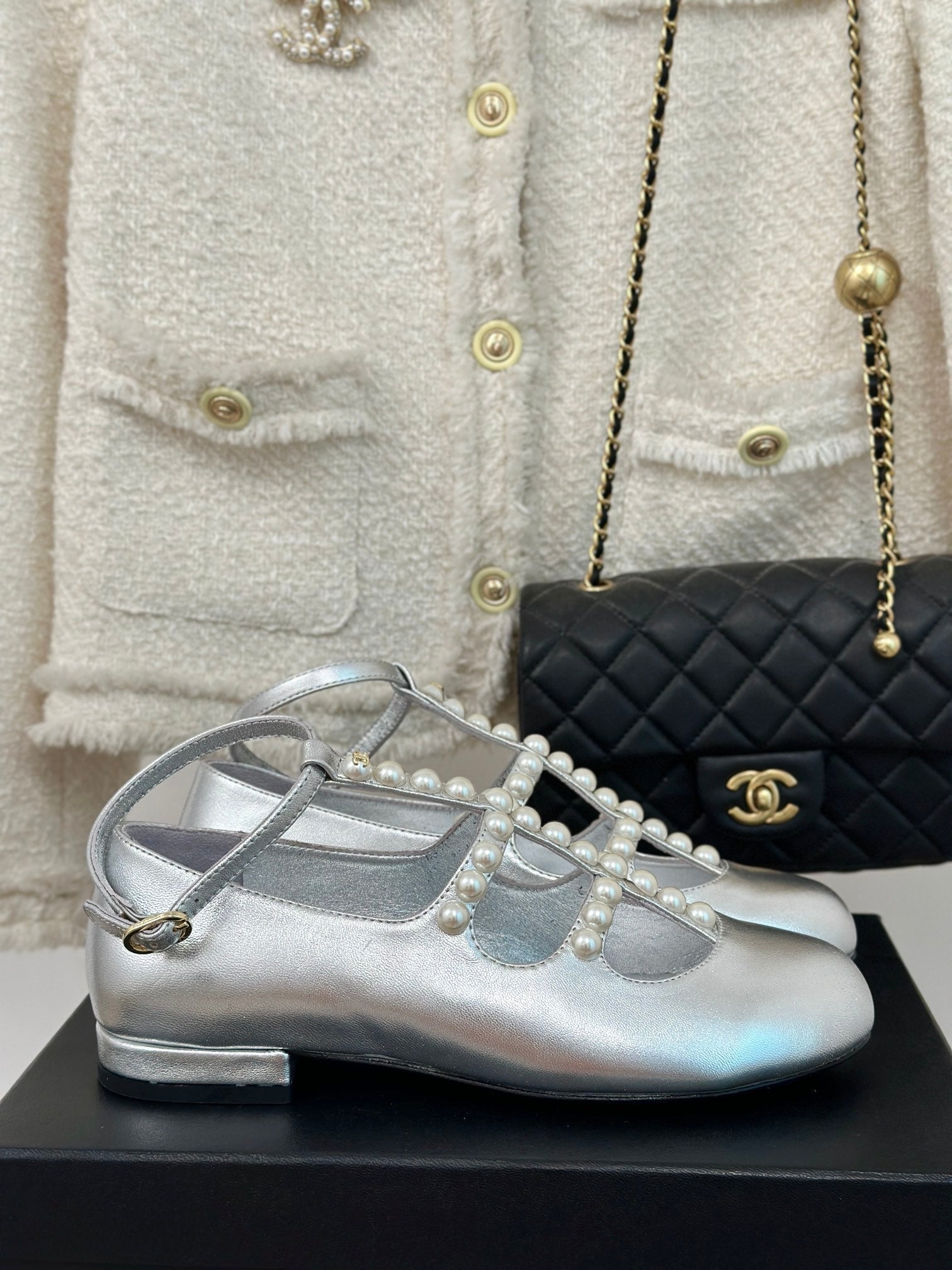 CHANEL MARY JANES SHOES SILVER GOATSKIN WITH FAUX PEARL