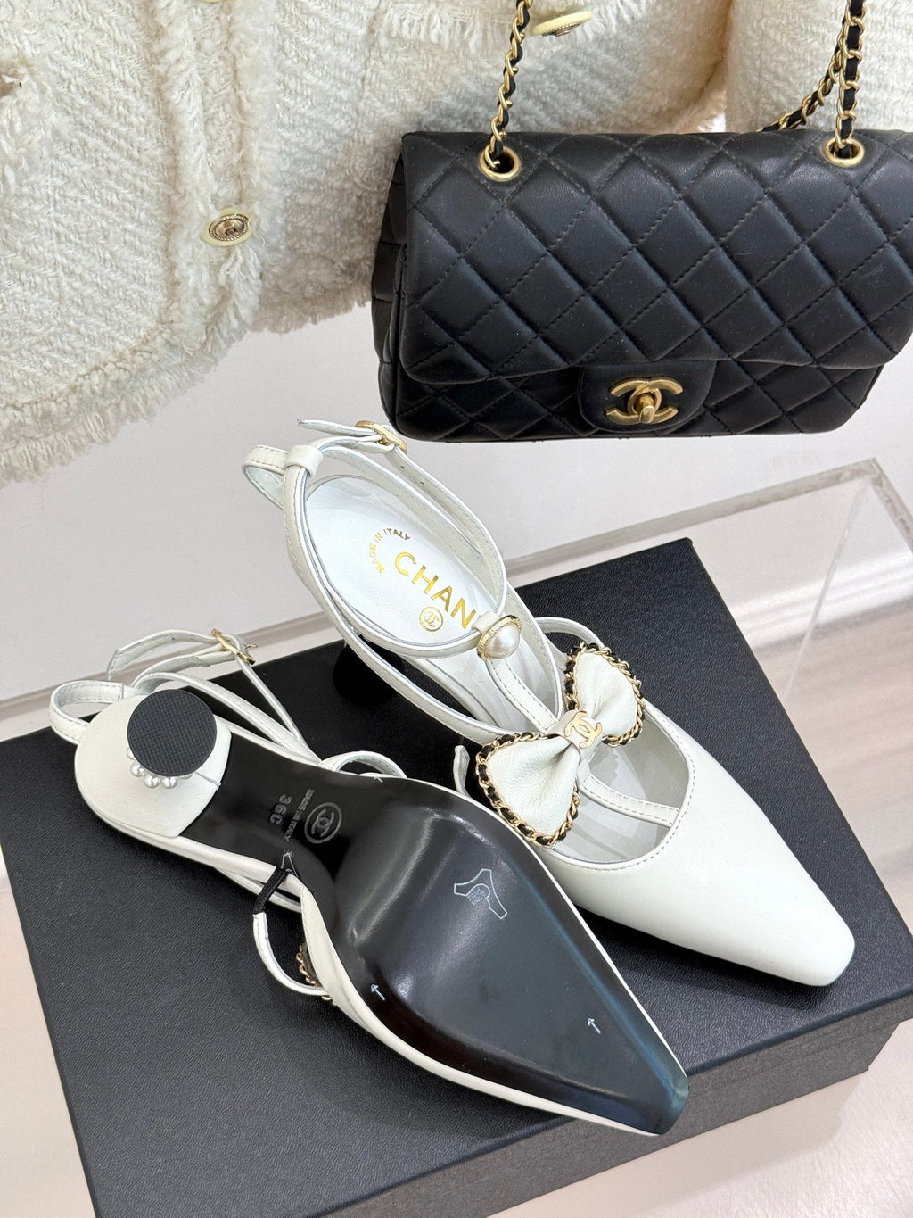 CHANEL CHAIN BOW HIGH HEEL 8 CM SLINGBACKS IN WHITE SUEDE