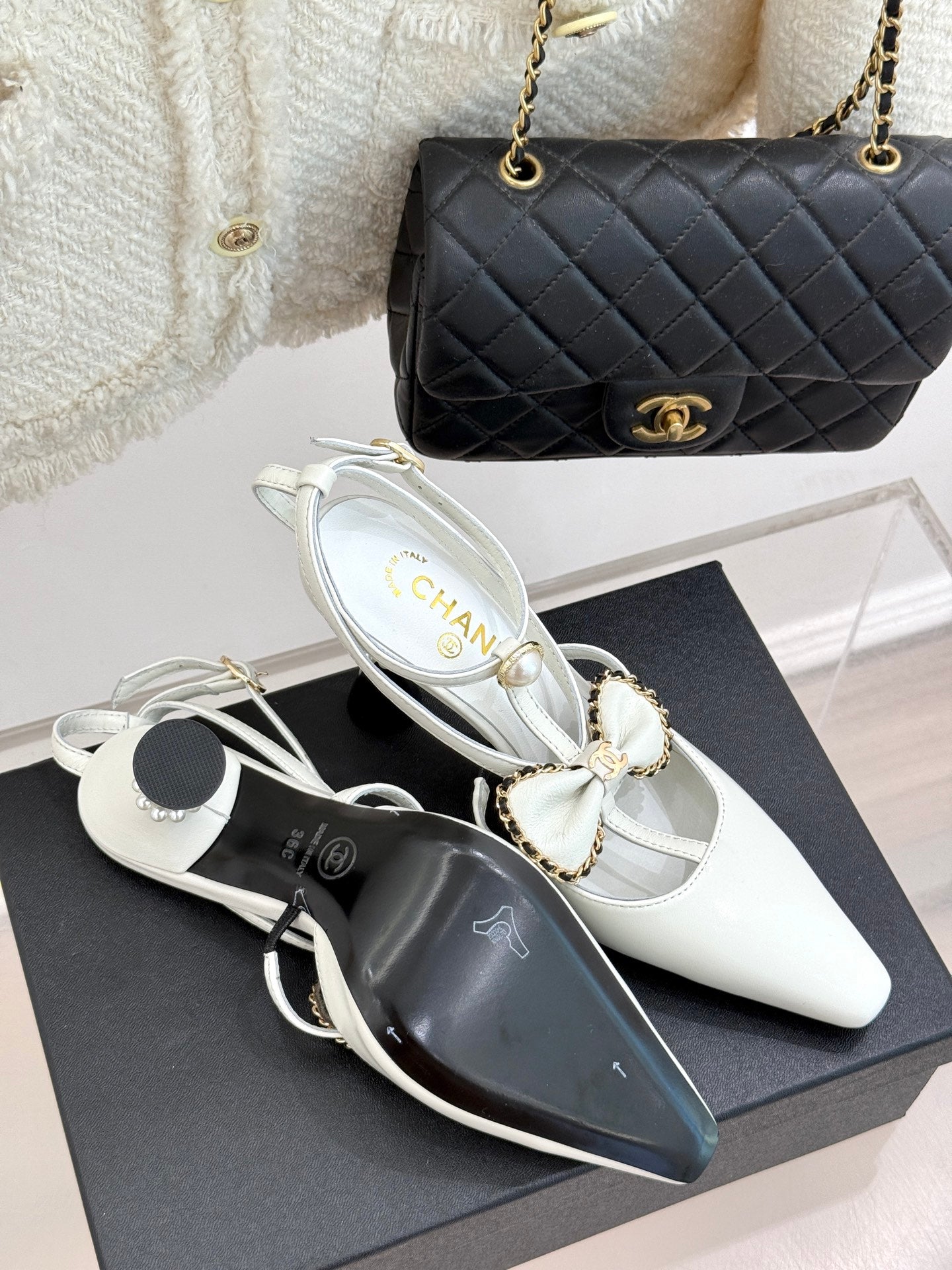 CHANEL CHAIN BOW HIGH HEEL 8 CM SLINGBACKS IN WHITE SUEDE