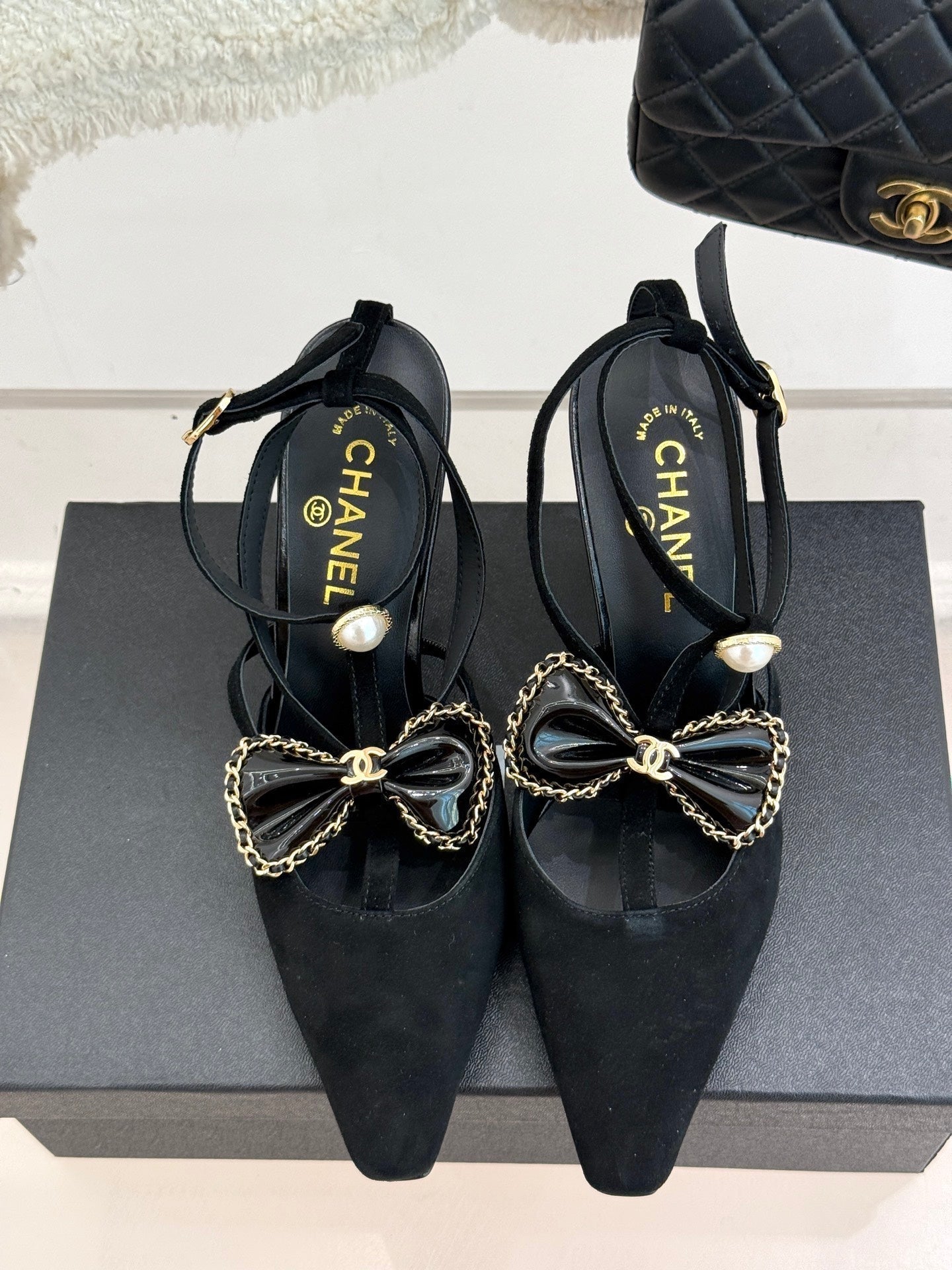 CHANEL CHAIN BOW HIGH HEEL 8 CM SLINGBACKS IN BLACK SUEDE