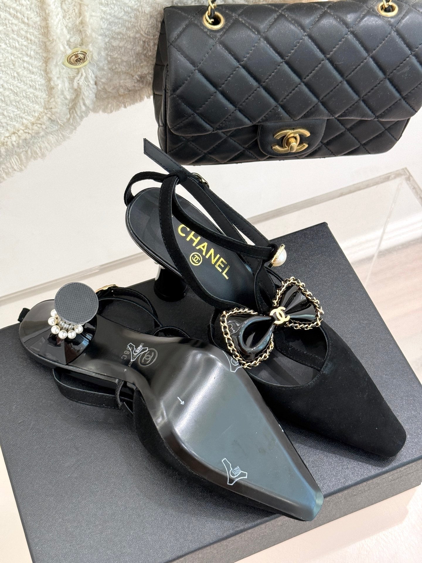 CHANEL CHAIN BOW HIGH HEEL 8 CM SLINGBACKS IN BLACK SUEDE