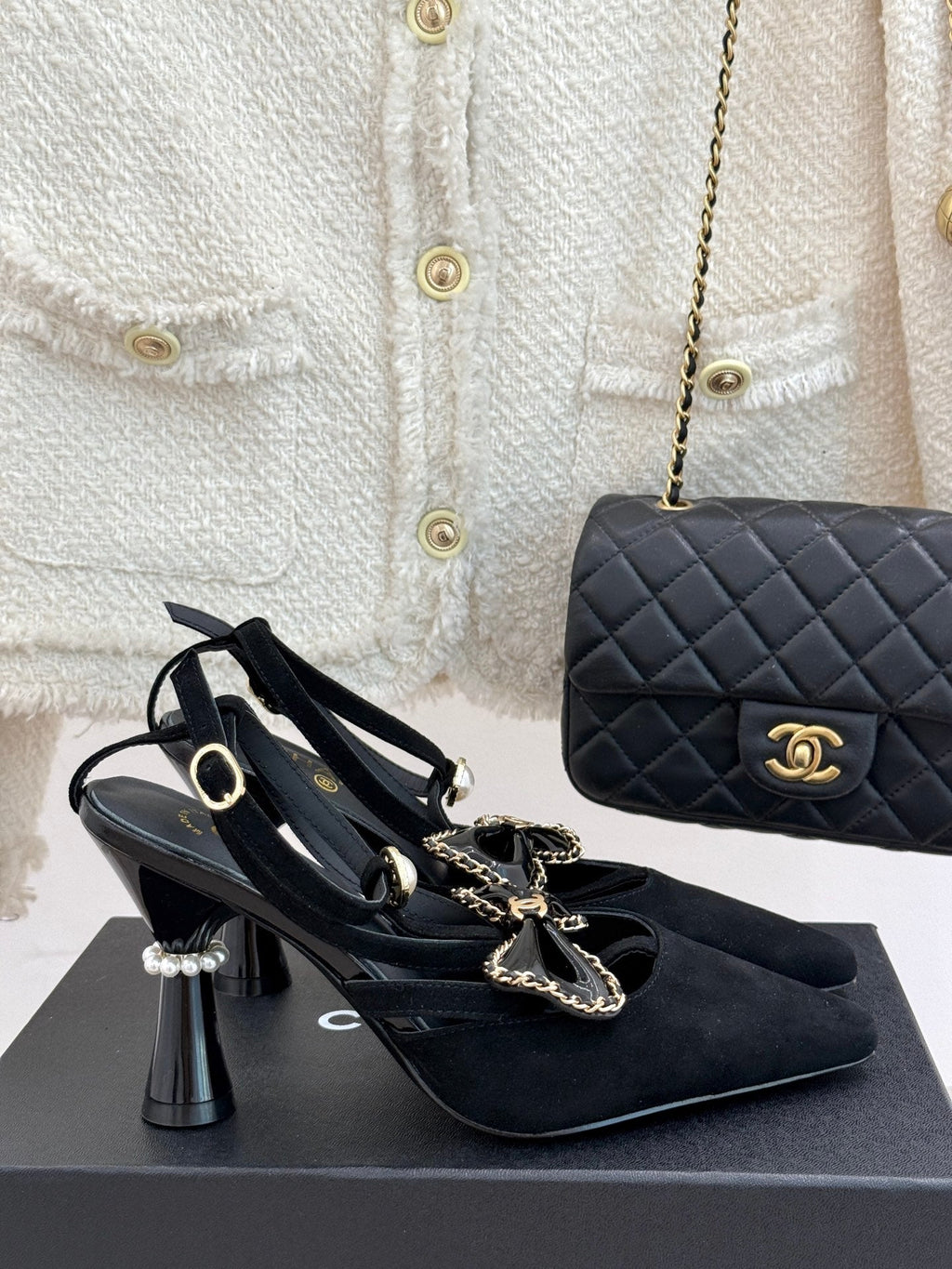 CHANEL CHAIN BOW HIGH HEEL 8 CM SLINGBACKS IN BLACK SUEDE