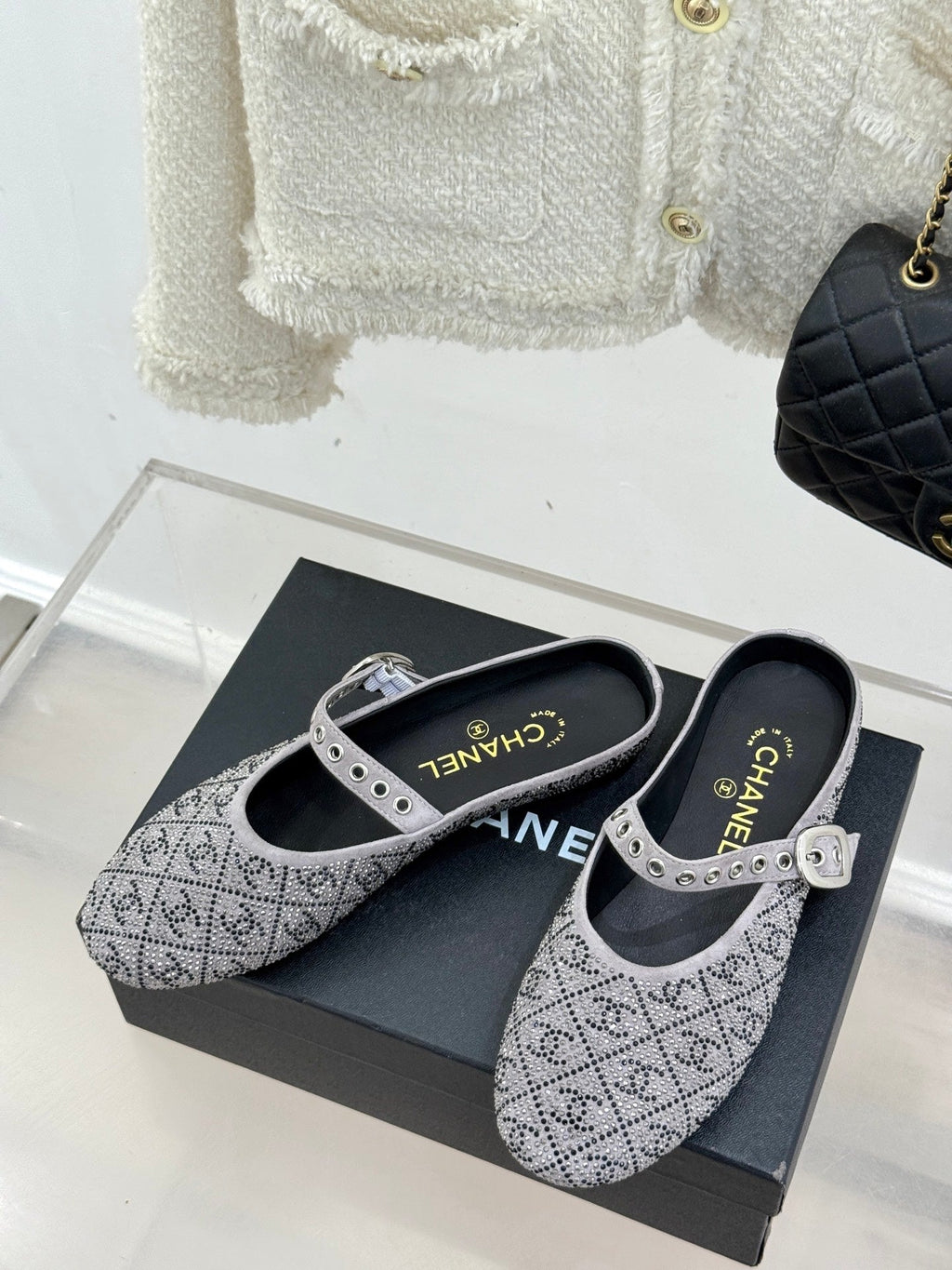 CHANEL FLAT MULES 25SS IN GREY EMBELLISHED WITH RHINESTONES
