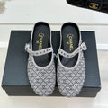 CHANEL FLAT MULES 25SS IN GREY EMBELLISHED WITH RHINESTONES