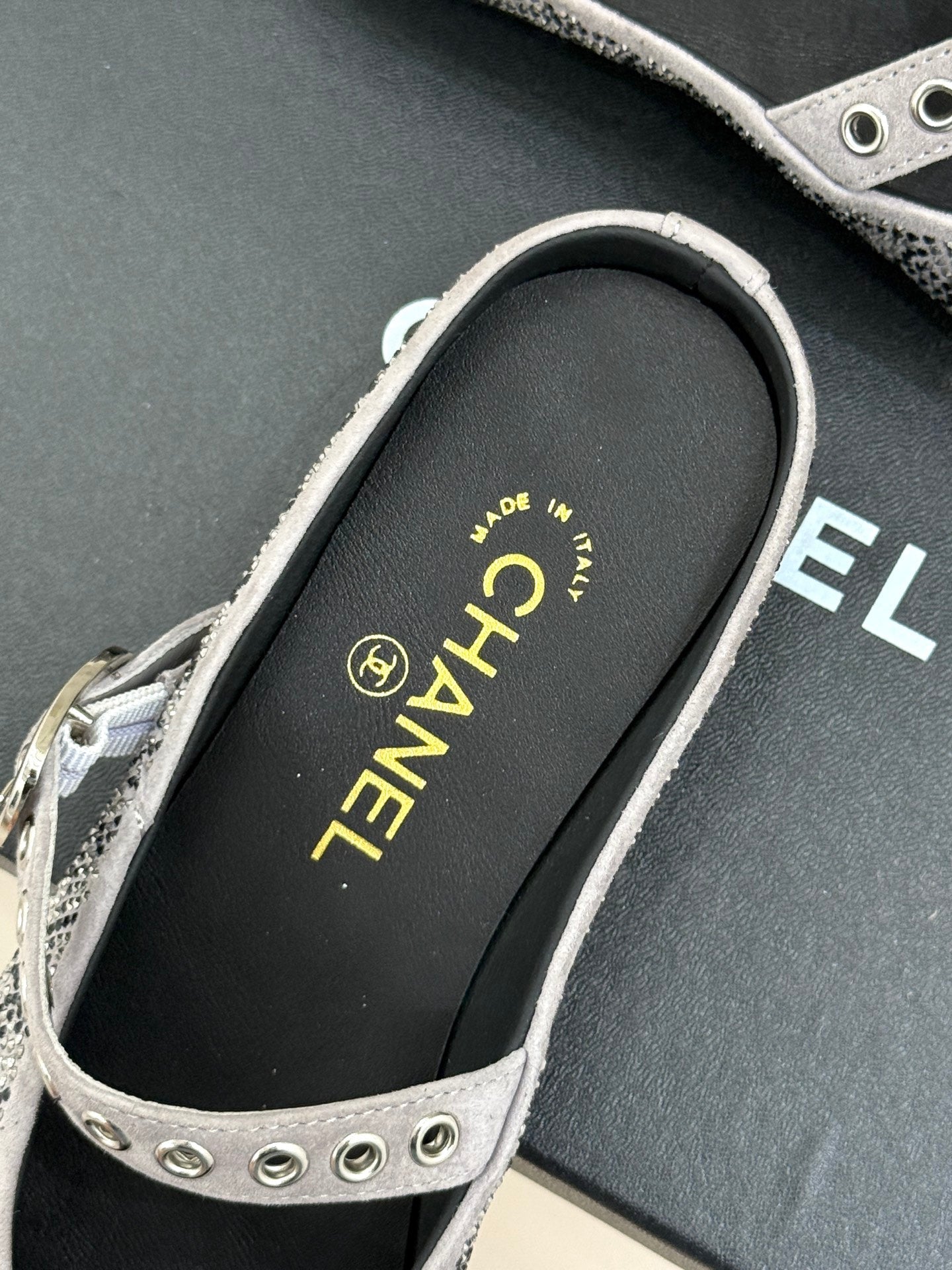 CHANEL FLAT MULES 25SS IN GREY EMBELLISHED WITH RHINESTONES