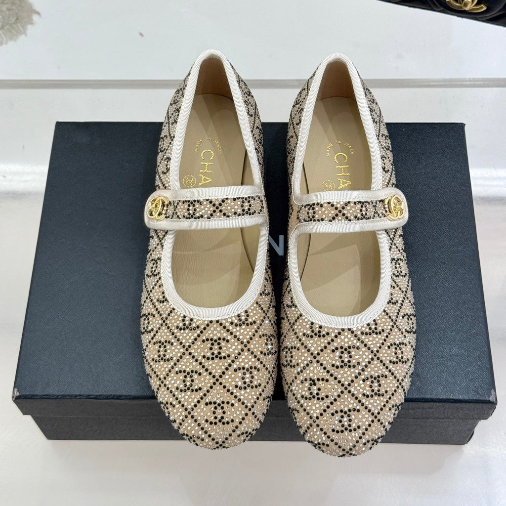 CHANEL FLAT MARY JANE 25SS IN BEIGE EMBELLISHED WITH RHINESTONES