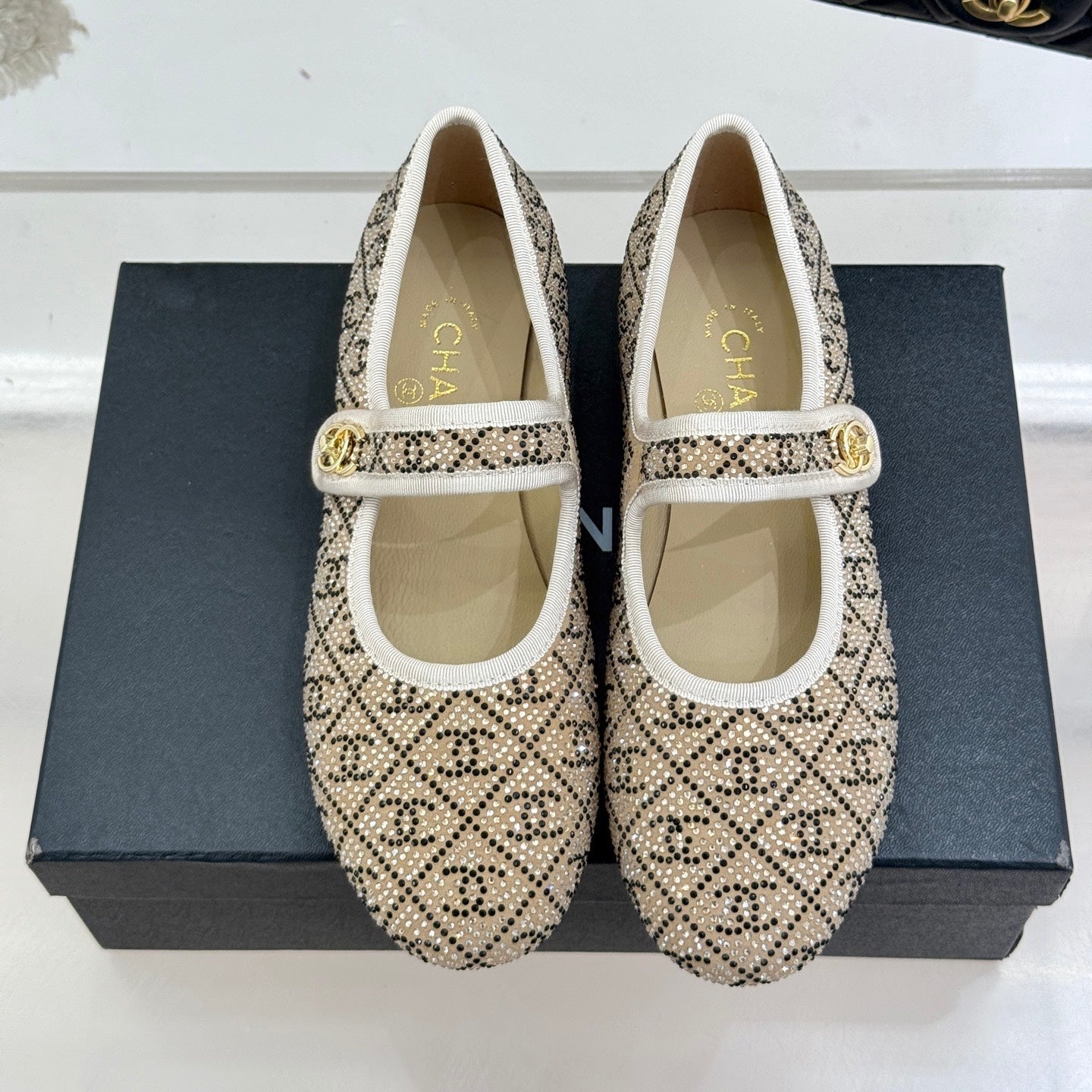 CHANEL FLAT MARY JANE 25SS IN BEIGE EMBELLISHED WITH RHINESTONES