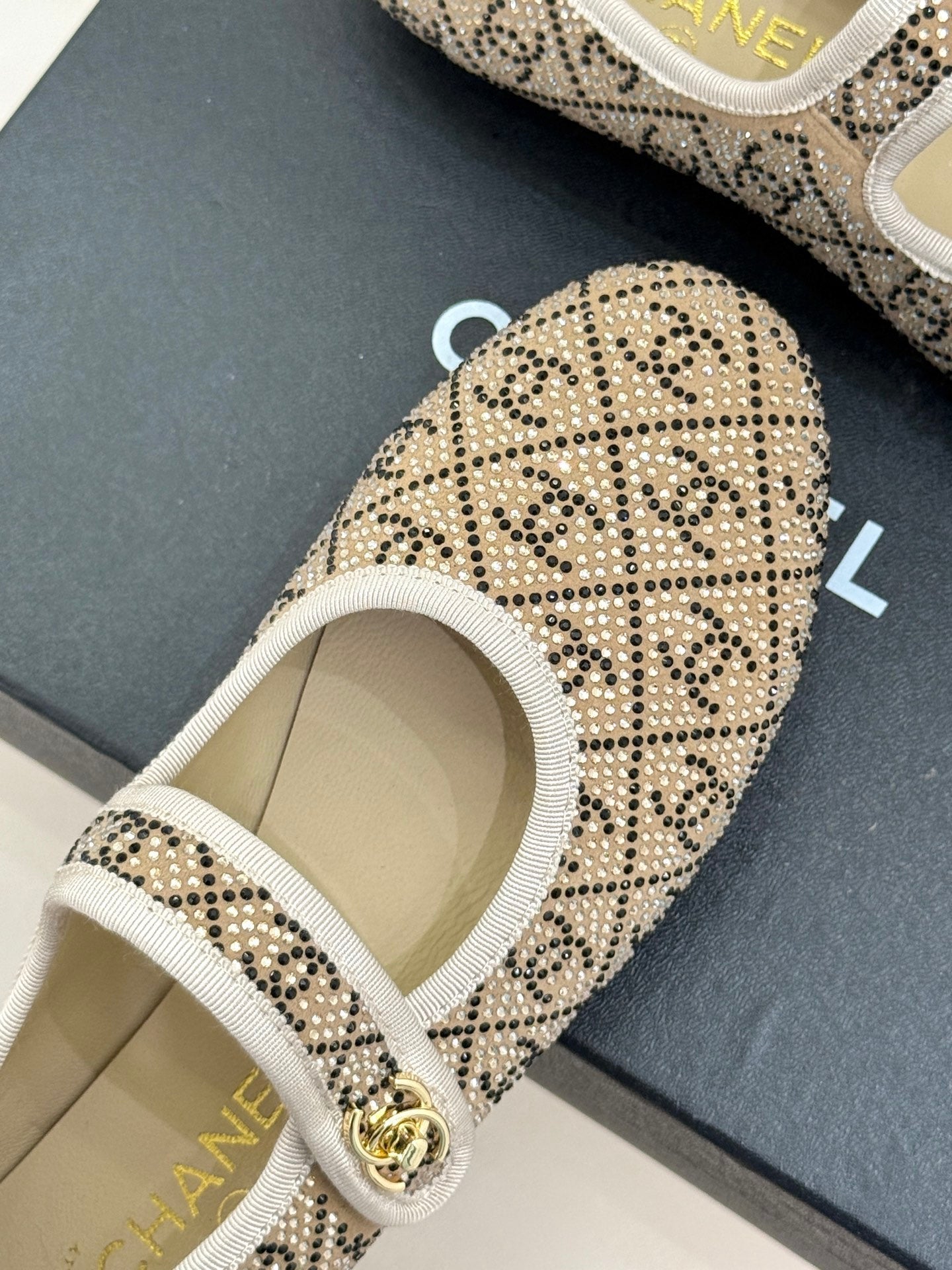 CHANEL FLAT MARY JANE 25SS IN BEIGE EMBELLISHED WITH RHINESTONES