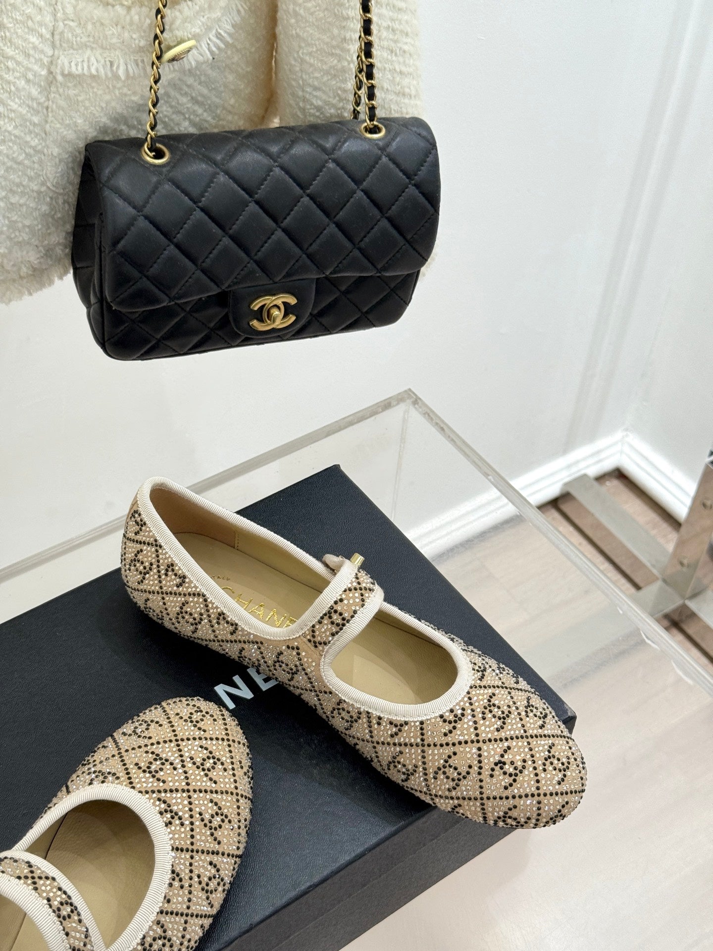 CHANEL FLAT MARY JANE 25SS IN BEIGE EMBELLISHED WITH RHINESTONES