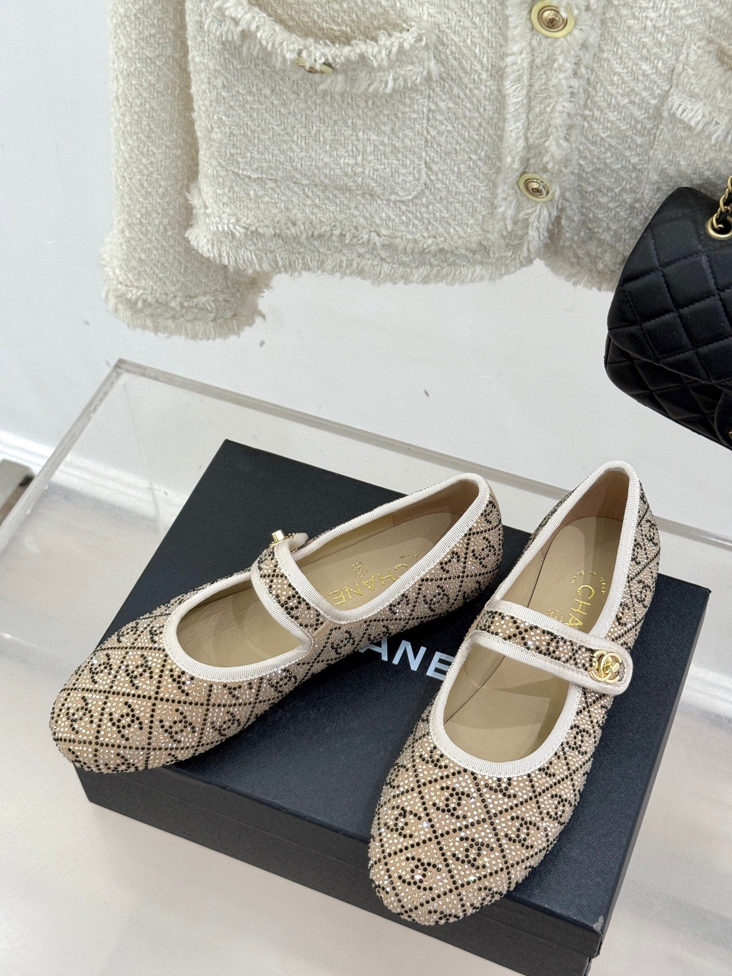 CHANEL FLAT MARY JANE 25SS IN BEIGE EMBELLISHED WITH RHINESTONES