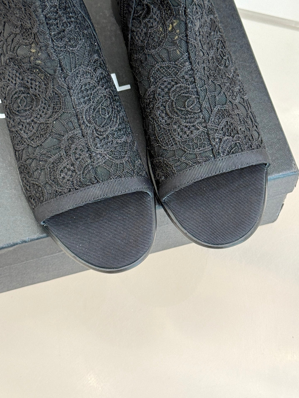 CHANEL PEEP-TOE BOOTS 25SS IN BLACK EMBOSSED LACE FABRIC