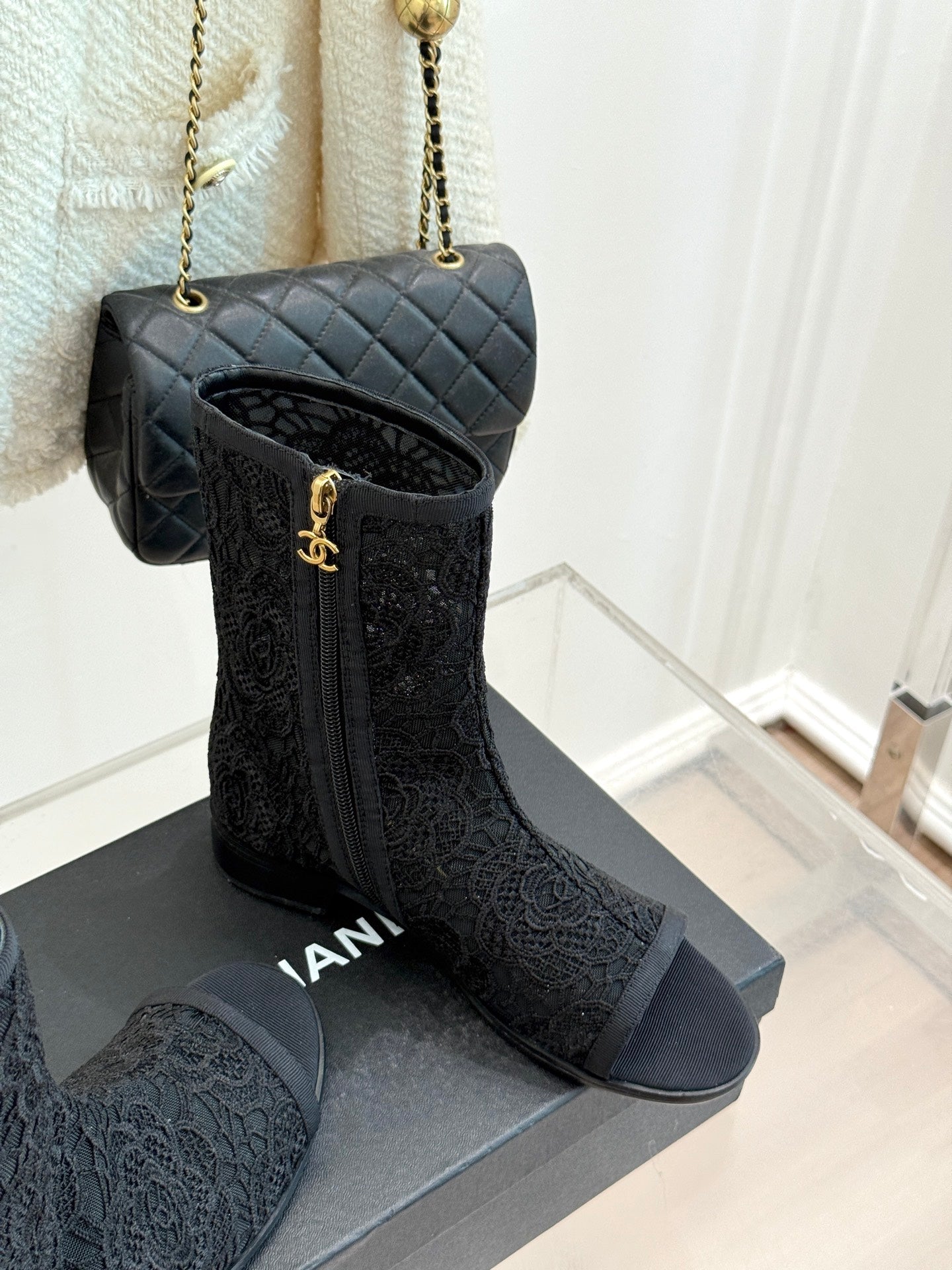CHANEL PEEP-TOE BOOTS 25SS IN BLACK EMBOSSED LACE FABRIC