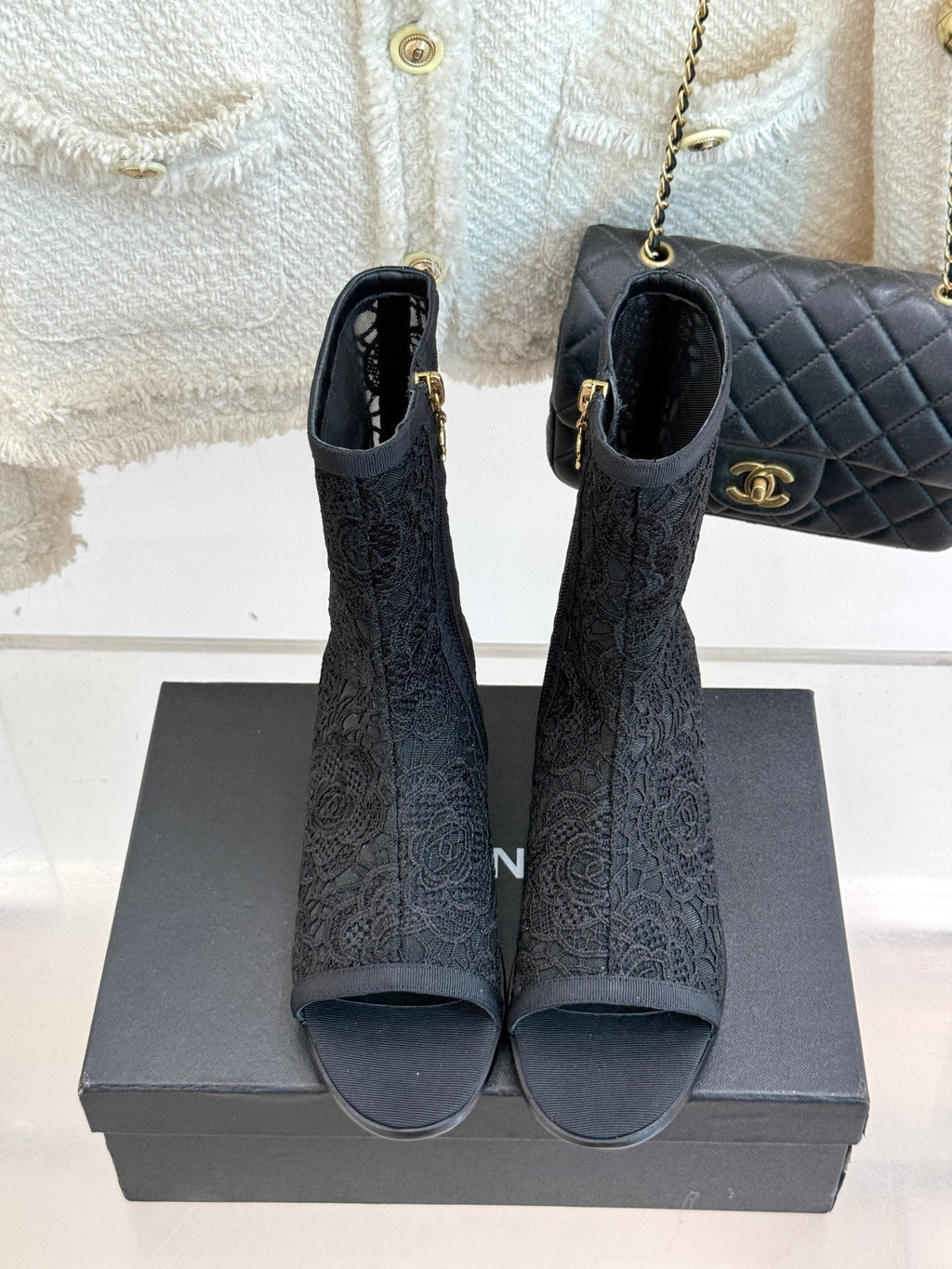 CHANEL PEEP-TOE BOOTS 25SS IN BLACK EMBOSSED LACE FABRIC