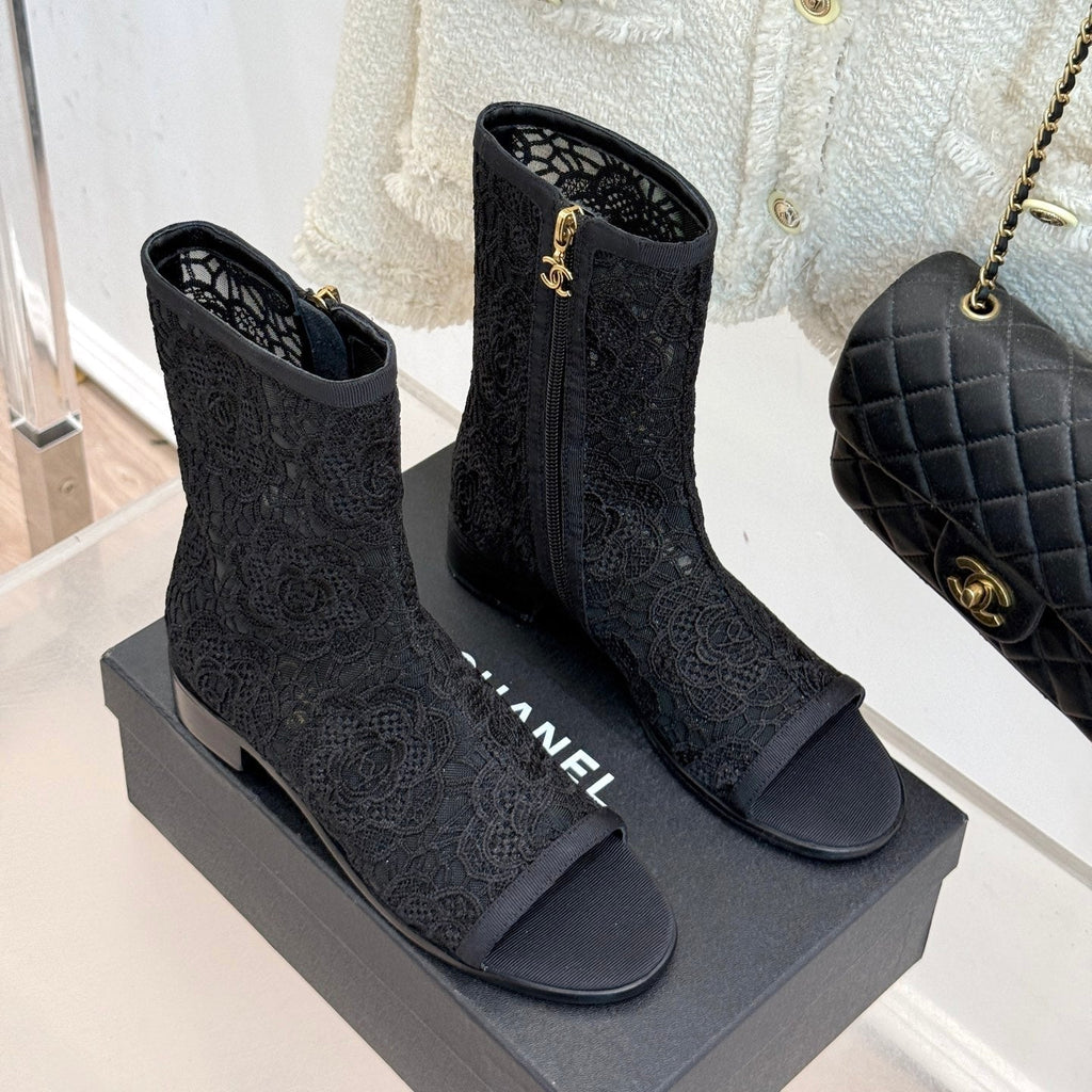 CHANEL PEEP-TOE BOOTS 25SS IN BLACK EMBOSSED LACE FABRIC