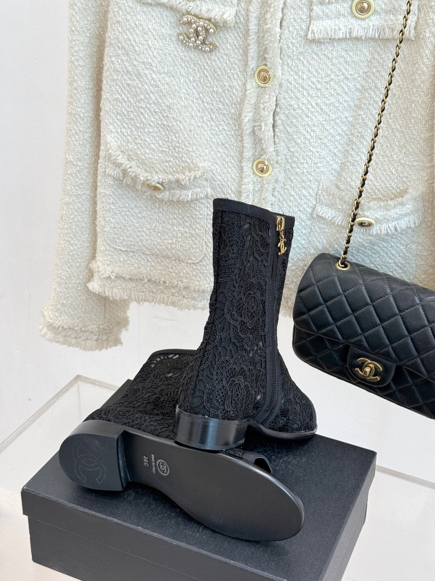 CHANEL PEEP-TOE BOOTS 25SS IN BLACK EMBOSSED LACE FABRIC