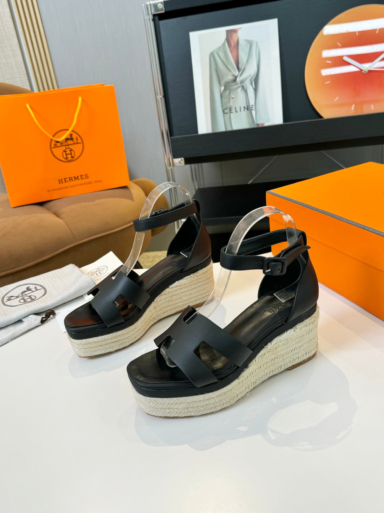 HERMES Elda espadrille 80 Black Calfskin