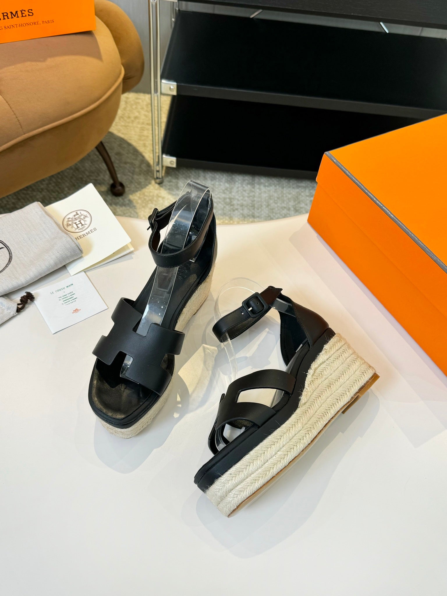 HERMES Elda espadrille 80 Black Calfskin
