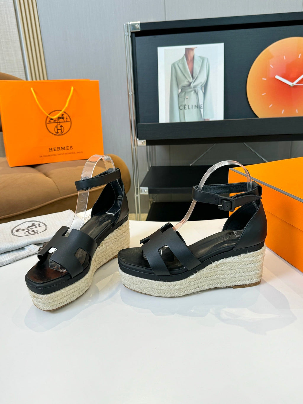 HERMES Elda espadrille 80 Black Calfskin